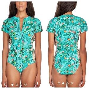 NWT Johnny Was Taina Floral One Piece Swimsuit Blue Turquoise Neoprene Size L